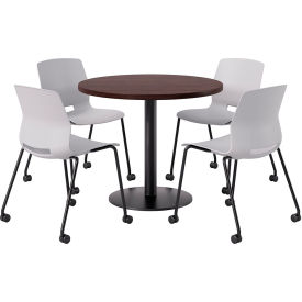 42" Round Table with 4 Armless Caster Chairs, Light Gray Seat/Espresso