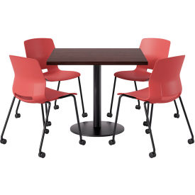 36" Square Table with 4 Armless Caster Chairs, Coral Seat/Espresso Top