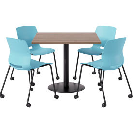 36" Square Table with 4 Armless Caster Chairs, Sky Blue Seat/Studio Teak Top