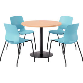 42" Round Table with 4 Armless Chairs, Sky Blue Seat/Maple Top