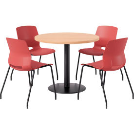 42" Round Table with 4 Armless Chairs, Coral Seat/Maple Top