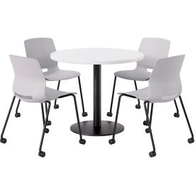 42" Round Table with 4 Armless Caster Chairs, Light Gray Seat/Designer White Top