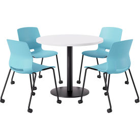 42" Round Table with 4 Imme Armless Caster Chairs, Sky Blue Seat/Designer White Top
