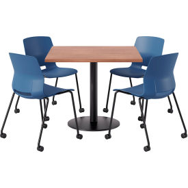 36" Square Table with 4 Armless Caster Chairs, Navy Seat/River Cherry Top