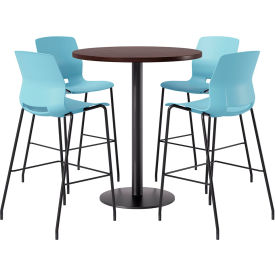 42" Round Table with 4 Imme Armless Barstools, Sky Blue Seat/Espresso Top