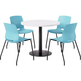 42" Round Table with 4 Imme Armless Chairs, Sky Blue Seat/Designer White Top
