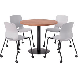 42" Round Table with 4 Armless Caster Chairs, Light Gray Seat/River Cherry Top