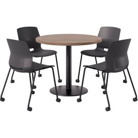 42" Round Table with 4 Armless Caster Chairs, Black Seat/Studio Teak Top