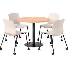 42" Round Table with 4 Armless Caster Chairs, Moonbeam Seat/Maple Top