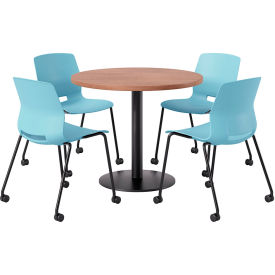 42" Round Table with 4 Armless Caster Chairs, Sky Blue Seat/River Cherry Top
