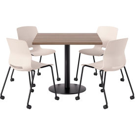 36" Square Table with 4 Armless Caster Chairs, Moonbeam Seat/Studio Teak Top