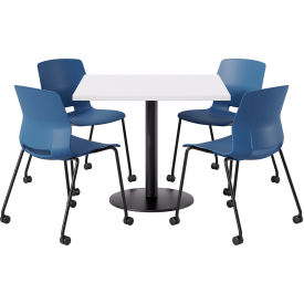 36" Square Table with 4 Armless Caster Chairs, Navy Seat/Designer White Top