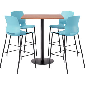 36" Square Table with 4 Imme Armless Barstools, Sky Blue Seat/River Cherry Top
