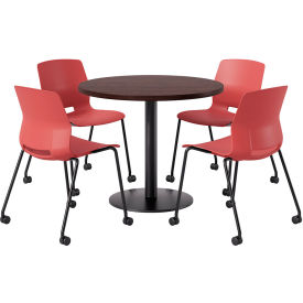 42" Round Table with 4 Armless Caster Chairs, Coral Seat/Espresso Top
