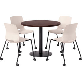 42" Round Table with 4 Armless Caster Chairs, Moonbeam Seat/Espresso Top