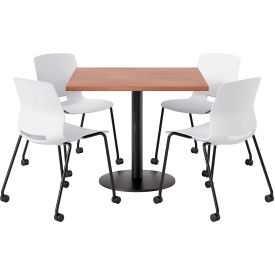 36" Square Table with 4 Imme Armless Caster Chairs, White Seat/River Cherry Top