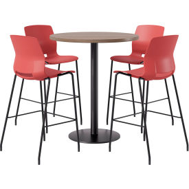 42" Round Table with 4 Armless Barstools, Coral Seat/Teak Top