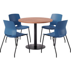 36" Round Table with 4 Imme Armless Chairs, Navy Seat/River Cherry Top