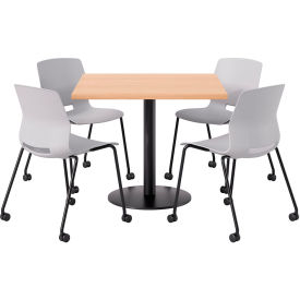 36" Square Table with 4 Armless Caster Chairs, Light Gray Seat/Maple Top