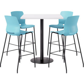 36" Square Table with 4 Imme Armless Barstools, Sky Blue Seat/Designer White Top