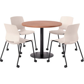 42" Round Table with 4 Armless Caster Chairs, Moonbeam Seat/River Cherry Top