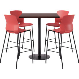 36" Square Table with 4 Imme Armless Barstools, Coral Seat/Espresso Top