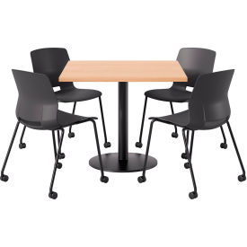 36" Square Table with 4 Armless Caster Chairs, Black Seat/Maple Top