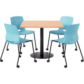 36" Square Table with 4 Armless Caster Chairs, Sky Blue Seat/Maple Top