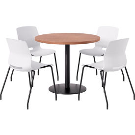 42" Round Table with 4 Armless Chairs, White Seat/River Cherry Top
