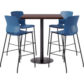 42" Square Table with 4 Armless Barstools, Navy Seat/Espresso Top