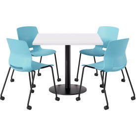 36" Square Table with 4 Armless Caster Chairs, Sky Blue Seat/Designer White Top