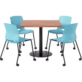36" Square Table with 4 Imme Armless Caster Chairs, Sky Blue Seat/River Cherry Top