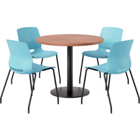 36" Round Table with 4 Imme Armless Chairs, Sky Blue Seat/River Cherry Top