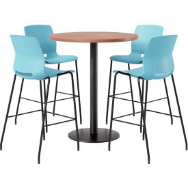 36" Round Table with 4 Armless Barstools, Sky Blue Seat/Cherry Top