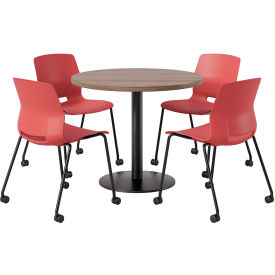 42" Round Table with 4 Imme Armless Caster Chairs, Coral Seat/Studio Teak Top