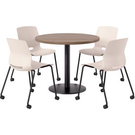 42" Round Table with 4 Imme Armless Caster Chairs, Moonbeam Seat/Studio Teak Top