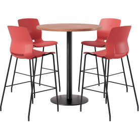 36" Round Table with 4 Imme Armless Barstools, Coral Seat/River Cherry Top