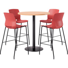 42" Round Table with 4 Imme Armless Barstools, Coral Seat/Maple Top