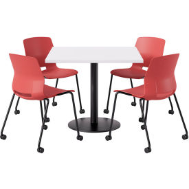 36" Square Table with 4 Imme Armless Caster Chairs, Coral Seat/Designer White Top