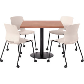 42" Square Table with 4 Armless Caster Chairs, Moonbeam Seat/River Cherry Top