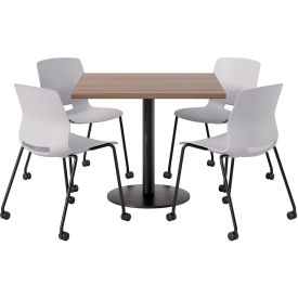 42" Square Table with 4 Armless Caster Chairs, Gray Seat/Teak Top