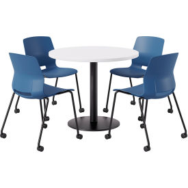 42" Round Table with 4 Armless Caster Chairs, Navy Seat/Designer White Top