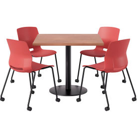 42" Square Table with 4 Imme Armless Caster Chairs, Coral Seat/River Cherry Top