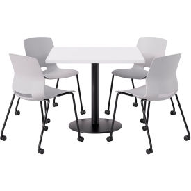 42" Square Table with 4 Imme Armless Caster Chairs, Light Gray Seat/Designer White Top