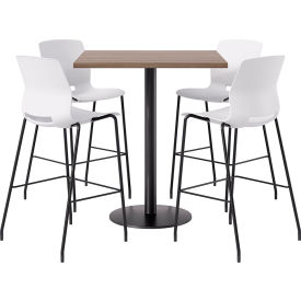 42" Square Table with 4 Armless Barstools, White Seat/Studio Teak Top