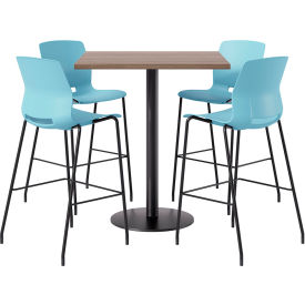 42" Square Table with 4 Imme Armless Barstools, Sky Blue Seat/Studio Teak Top