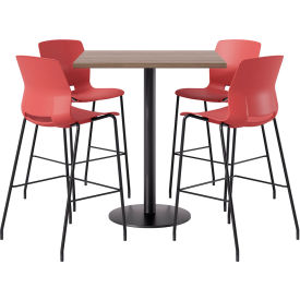 42" Square Table with 4 Armless Barstools, Coral Seat/Studio Teak Top