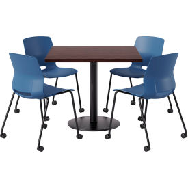 42" Square Table with 4 Armless Caster Chairs, Navy Seat/Espresso Top