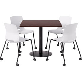 42" Square Table with 4 Armless Caster Chairs, White Seat/Espresso Top