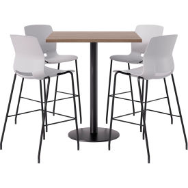 36" Square Table with 4 Armless Barstools, Light Gray Seat/Studio Teak Top